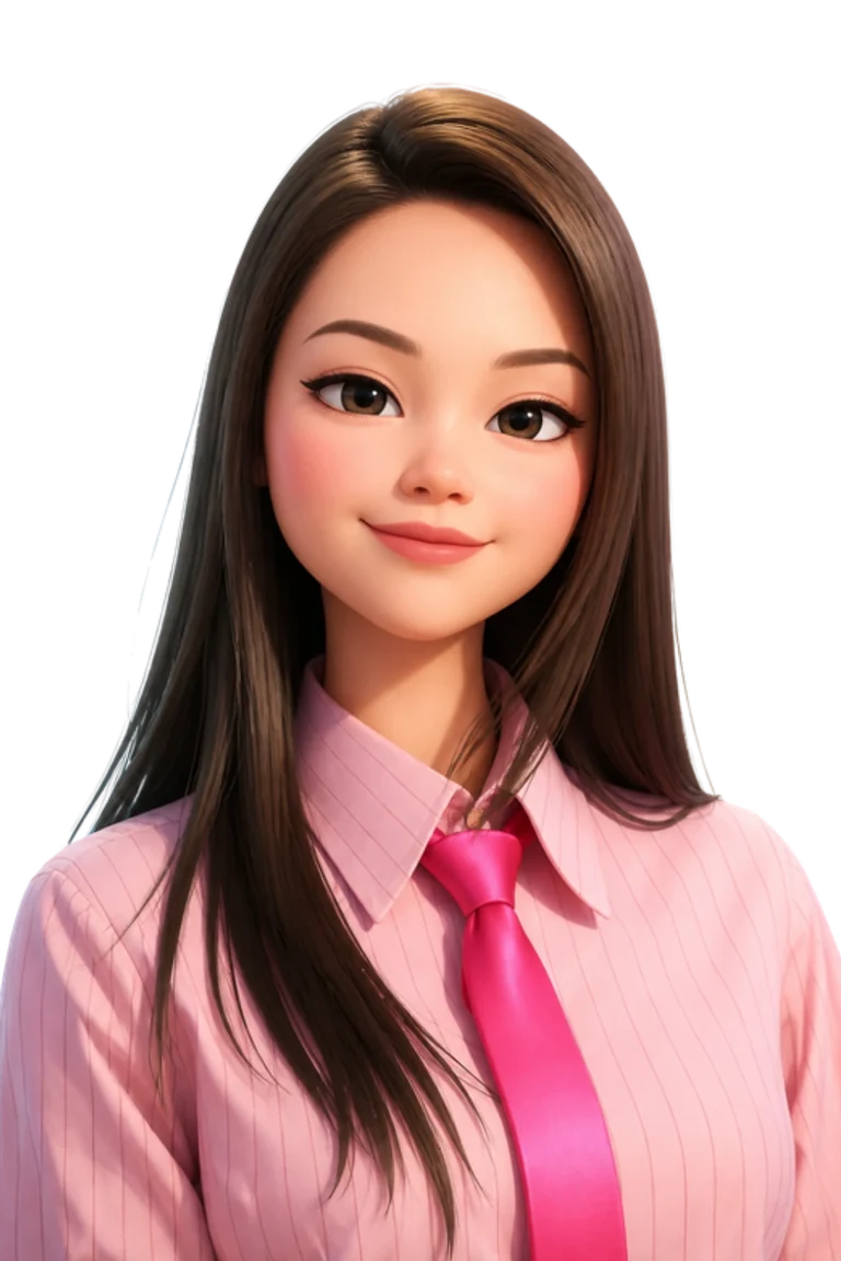 3D portrait of Dennise with long brown hair, wearing a pink pinstripe shirt and hot pink tie