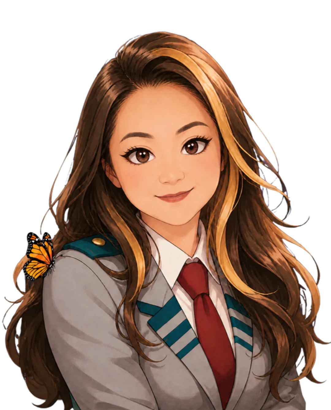 Anime-style portrait of Dennise with long brown hair, caramel streaks and a monarch butterfly