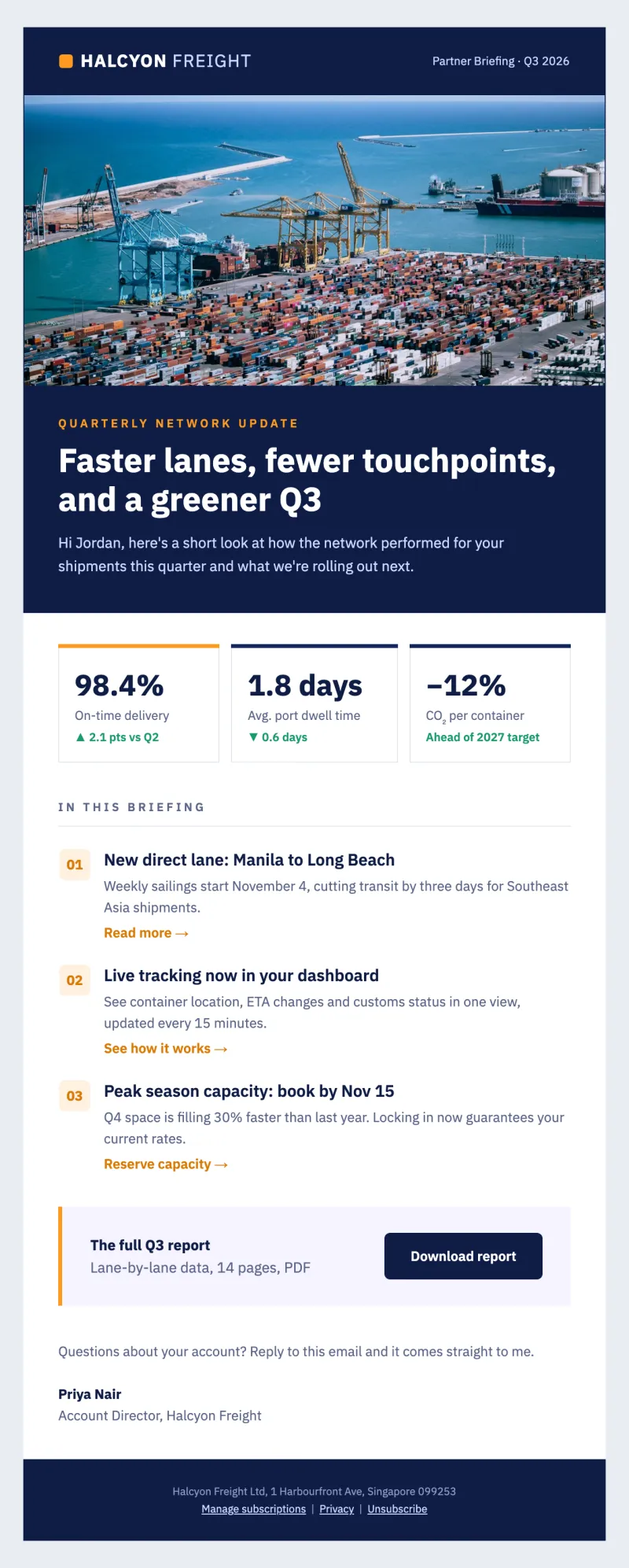 Halcyon Freight quarterly partner briefing email with KPI cards and article list