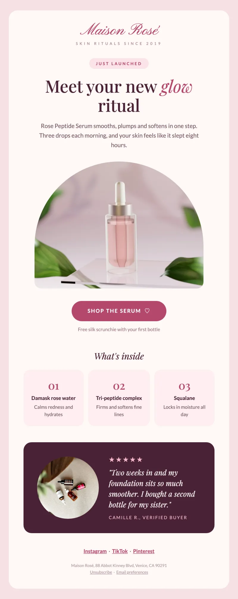 Maison Rosé skincare launch email in blush and plum with an arched product photo