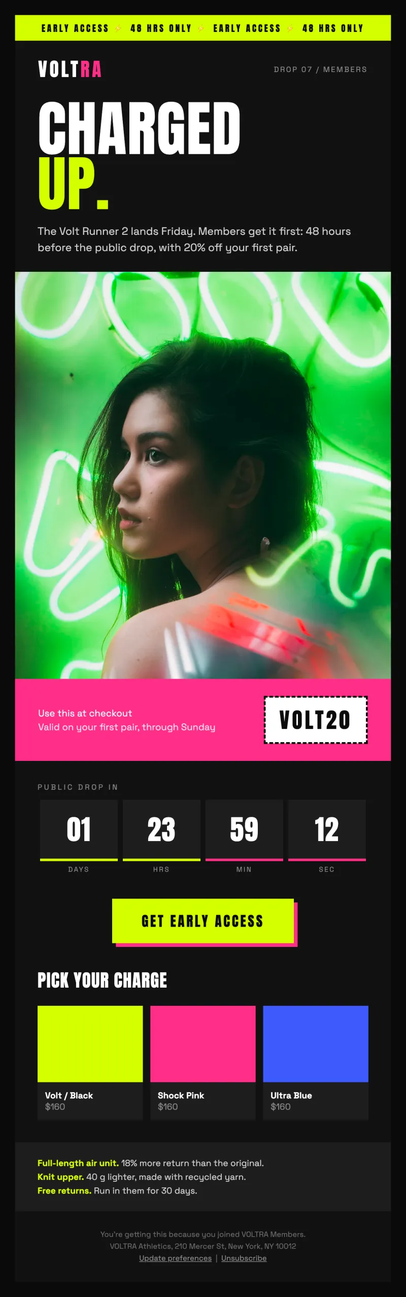 VOLTRA sneaker drop email with a neon hero, promo code and countdown