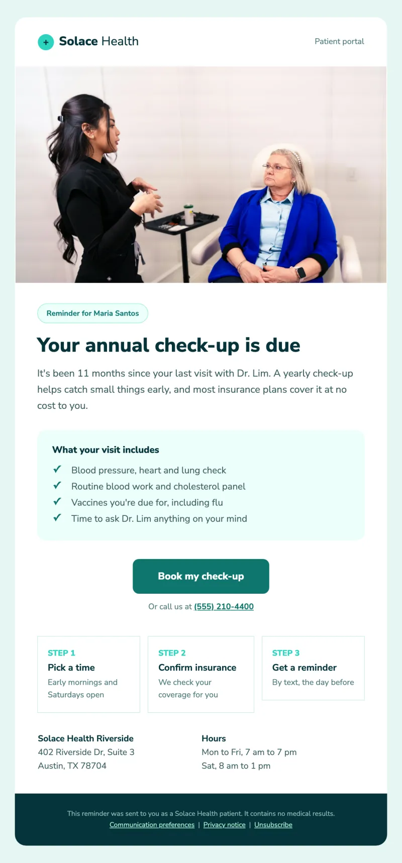 Solace Health annual check-up reminder email with a checklist and booking steps