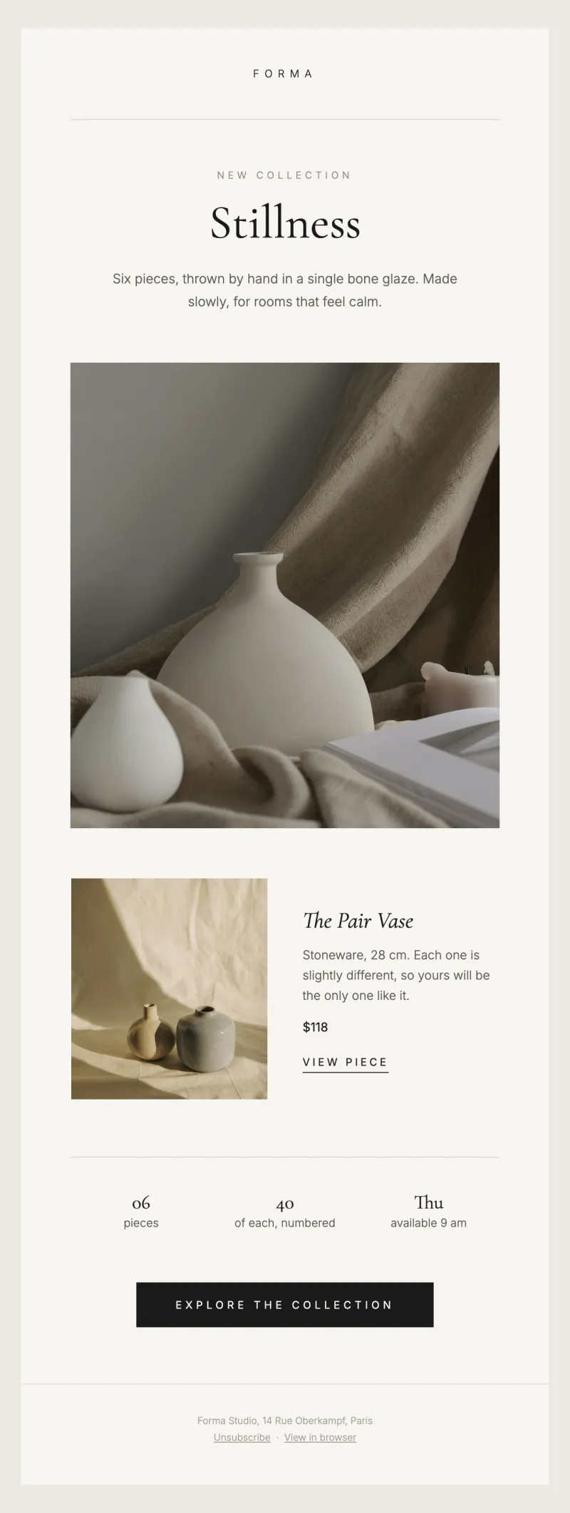 Forma ceramics collection email with soft neutral photography and lots of white space