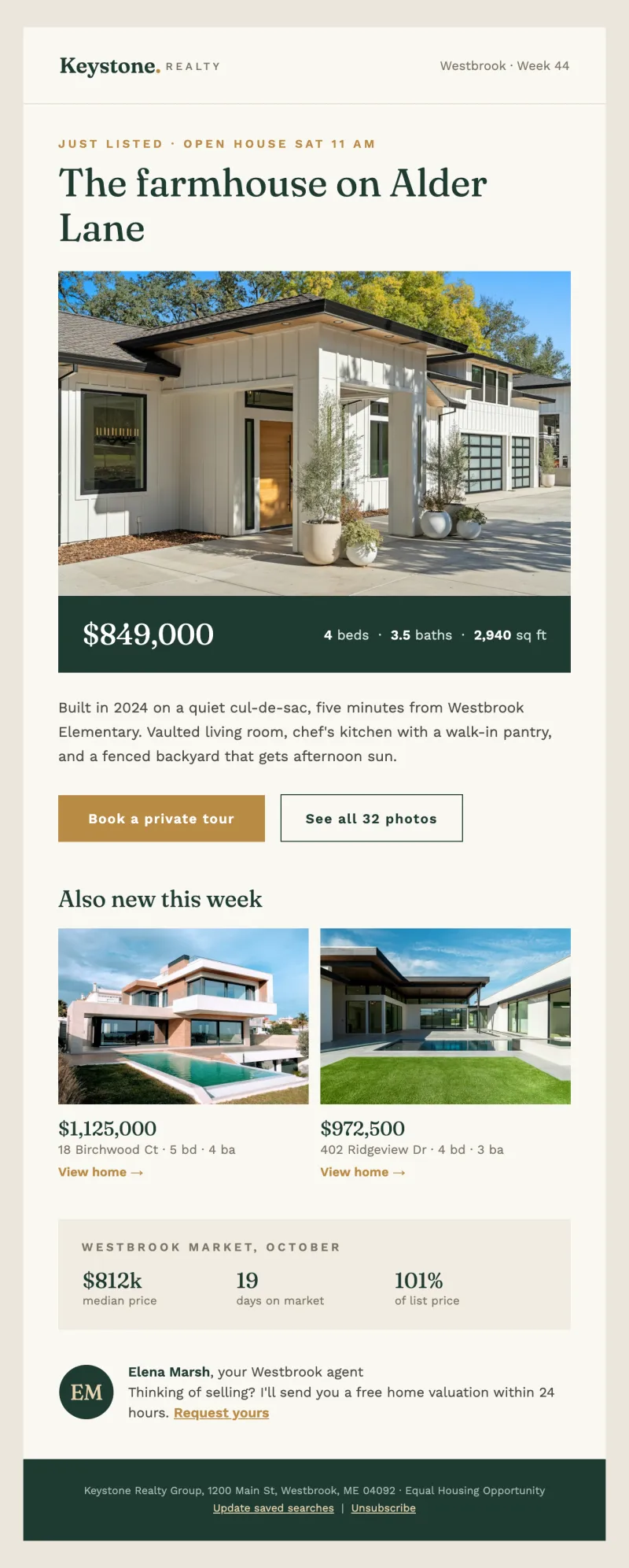 Keystone Realty new listings email with a featured home, two more listings and market stats